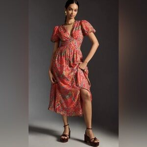Anthropologie The Katerina
Lurex Button Front Dress in Red Paisley Size 8